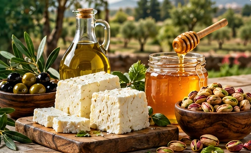 Peynir, zeytinyağı, bal ve Antep fıstığı